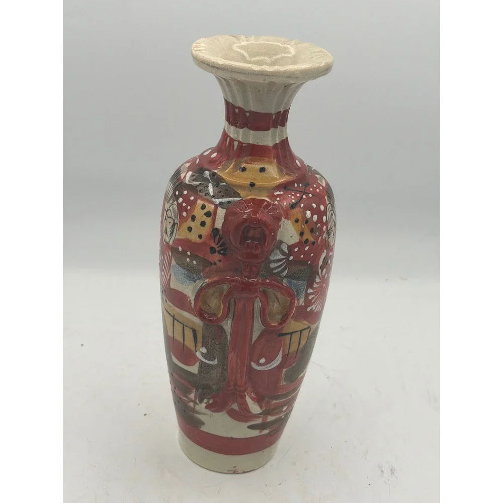 Vintage Antique Japanese Satsuma Moriage Vase Figure Samurai Warrior Earthenware